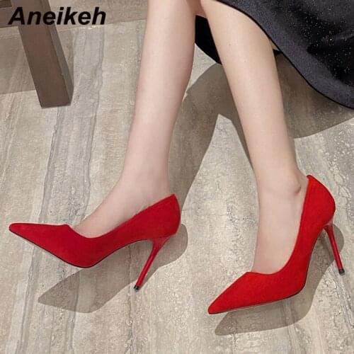Aneikeh Fashion Basic Flock Womens Pumps Ladies Shoes 2021NEW Spring 9.5CM Thin Heels Sexy Non-Slip Pointed Toe Shallow Wedding