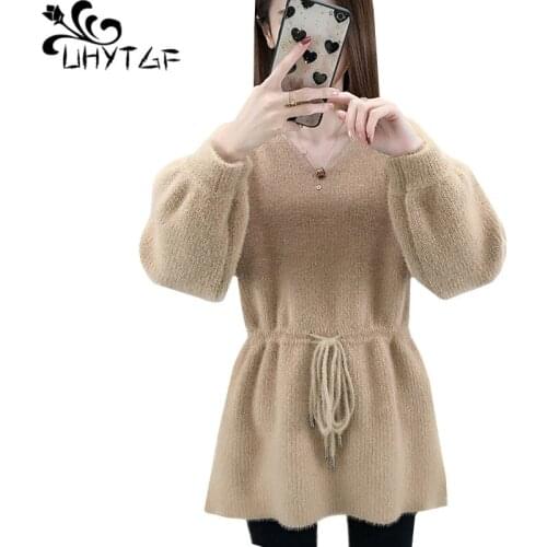 UHYTGF Autumn winter sweater women quality Mink cashmere knitted sweaters coat elasticity warm plus size jacket pull femme 1133