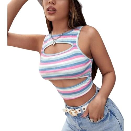 2021 Women Sleeveless Striped Cropped Tops Slim Fit Hollow Out O-neck Vest For Daily Wear Club Dating Travel Shopping Vacation