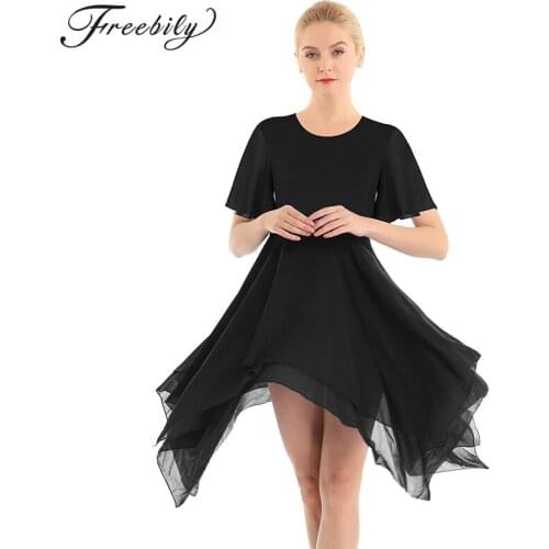 Women Adult Elegant Round Neck Asymmetrical Chiffon Ballet tutu Dress Gymnastics Leotard Ballerina Classic Lyrical Dance Costume
