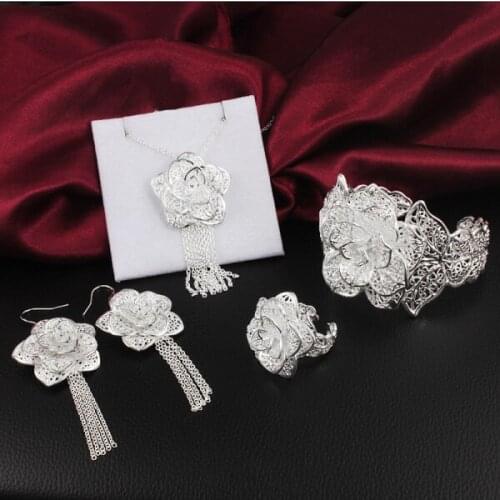 High-quality 925 sterling Silver flower Pendant bangle earrings rings bracelet necklace Jewelry set for women fashion party Gift