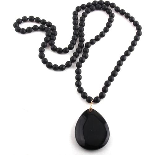 RH Fashion Bohemian Tribal Jewelry Crystal / Stone Long Knotted Black Dorp Pendant Necklaces For Women