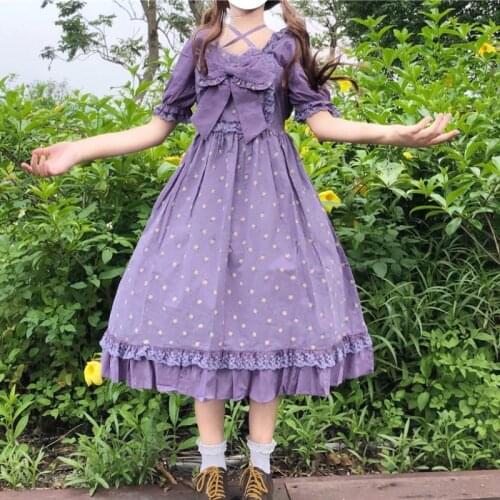 Sweet Womens Lolita Dress Floral Printing Square Collar Dress Big Bow Trim One Piece Color White Purple Summer Lolita