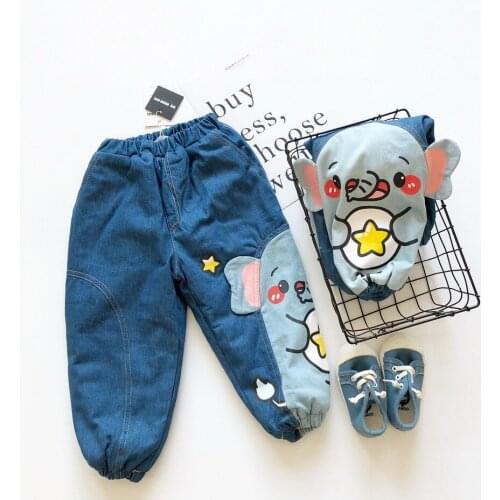 Tonytaobaby Winter Jeans Boys and Girls Cute Elephant Printed Plush Cotton Pants Boys Clothes