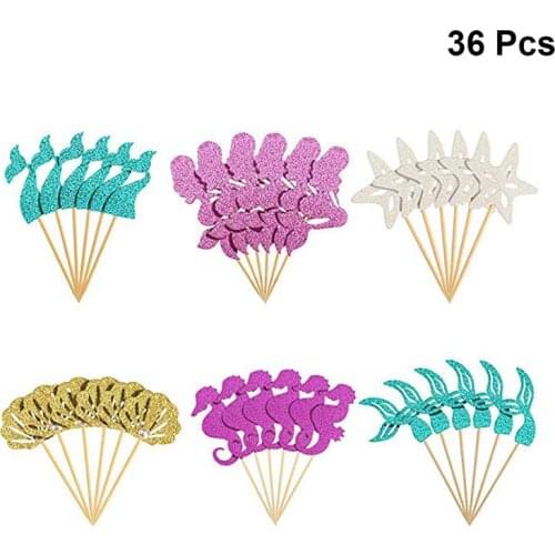 36pcs Mermaid Glitter Cupcake Toppers Paper Birthday Cake Insert Bow Decorated Marine Life Cake Pick Cake Decor Party Favors