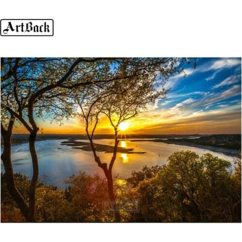 5d diamond painting tree sunset full square & round sunrise landscape diamond mosaic canvas diamond art sticker