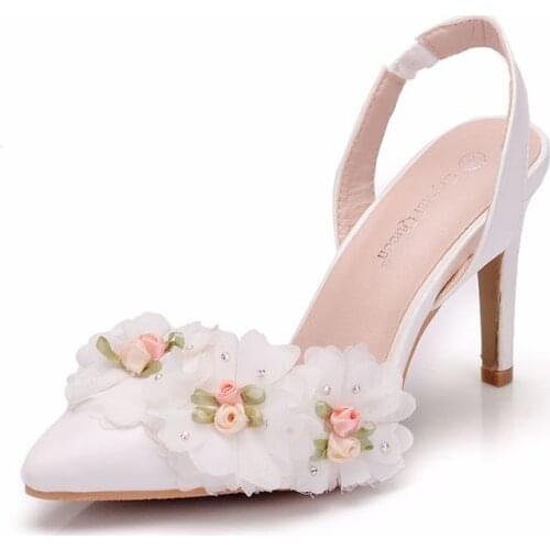 Women sandals wedding Party banquet Lace PU Rhinestones Slip On 9CM Thin High Heels Pointed Toe sandal women shoes size 35-42