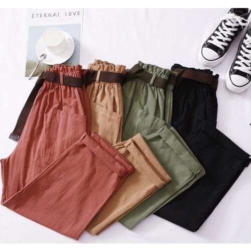 Ankle Length Pants Women 2019 Summer New Solid High Elastic Cargo Trousers with Pocket and Sashes Fashion High Waist Pants