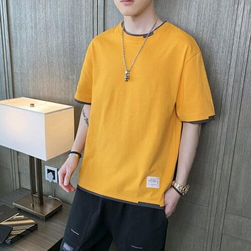 Short-sleeved T-shirt mens summer new trend ins loose fashion casual fake two-piece five-sleeved clothes cotton