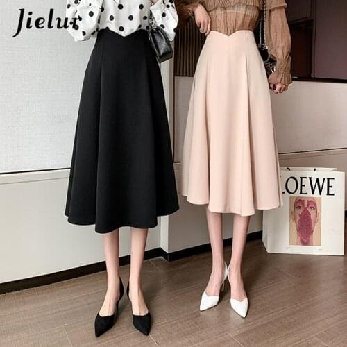 Jielur 2021 New Korean Skirt Women Elegant High Waist Summer Black A-line Skirts Fashion Vintage Pleated Faldas OL Midi Skirt