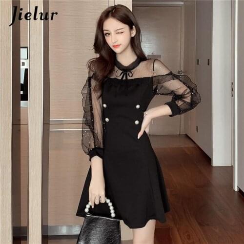 Jielur Black Dress Korea Women Mesh Long-sleeved Spring Autumn Dress Female Round Neck Temperament Dress Fashion Party Clubwear