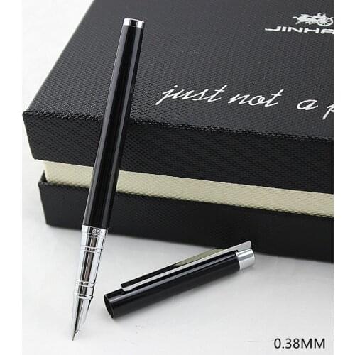 Stationery Jinhao Luxury Metla Gift Pen 0.38mm Extra Fine Nib Fountain Pen Black Silver Ink Pens Christmas Gift