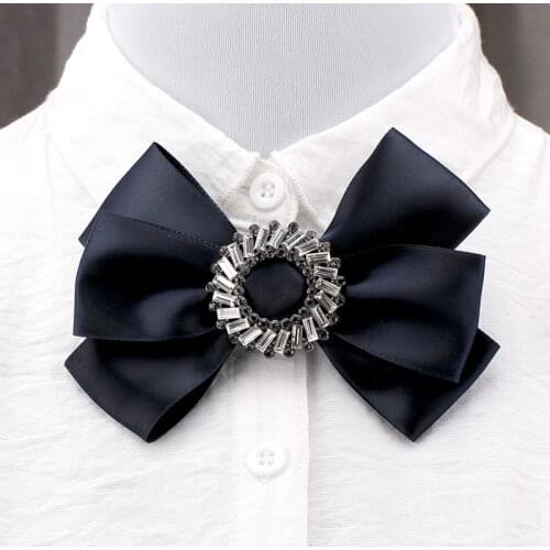 Classic Women Solid Black Red Handmade Ribbon Bowknot Bows Crystal Brooch Necktie Pin Party Wedding Apparel Accessories Fashion
