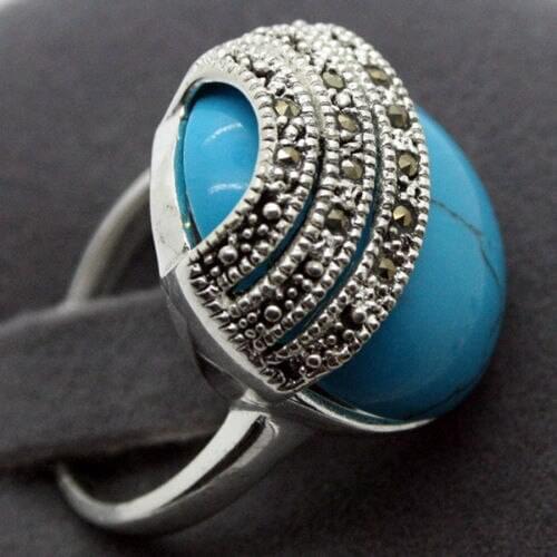 UNSEX 20*20MM BLUE NATURAL TURQUOISE 925 SILVER BALI HANDCRAFTED RING SIZE 7/8/9/10 925