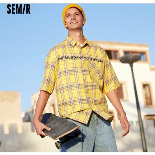 SEMIR Youth Plaid Short Sleeve Shirt Male Summer Ins Trend Loose Thin Letter Printing Casual Inch Lapel Tops