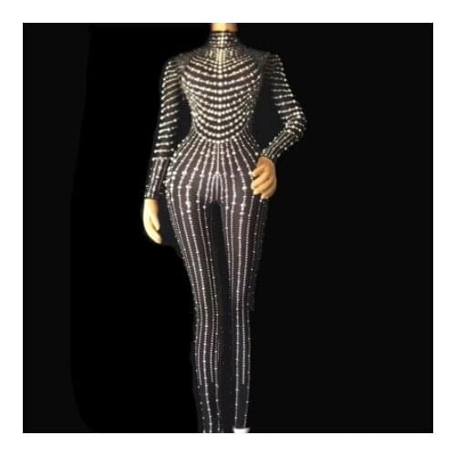 Party bar Outfit show bodysuit Sexy black Pearls Jumpsuit birthday Nightclub show singer dance Costume