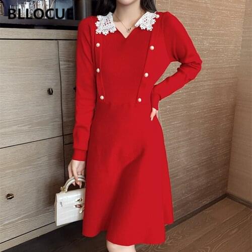 BLLOCUE 2020 New Autumn/Winter Lace Patchwork Knitted Dress Women Girls Sweet Long Sleeve Sweater A-Line Dresses