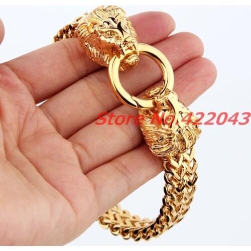 New Men Bracelet 316L Stainless Steel Gold Tone Figaro Chainor Women Lion Heads Clasp Cool Style Bangle Jewelry Gifts 22cm Long