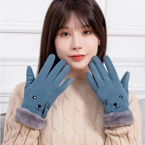 New Winter Suede Touch Screen Gloves for Ladies Outdoor Riding Cute Furry Warm Gloves