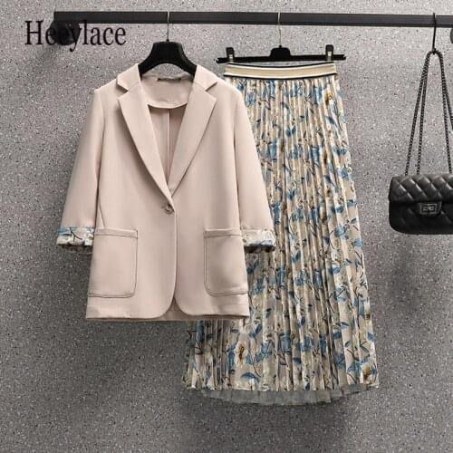 Plus Size Spring Autumn Elegant Prom OL Suit Blazer Coat Top And Floral Print Pleated Skirt Two Piece Set Women Matching Outfit
