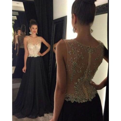 Sexy Womens Long Beaded Chiffon Prom Dresses with Pockets Robe De Soiree A-Line Black See Through Back Formal Party Dresses