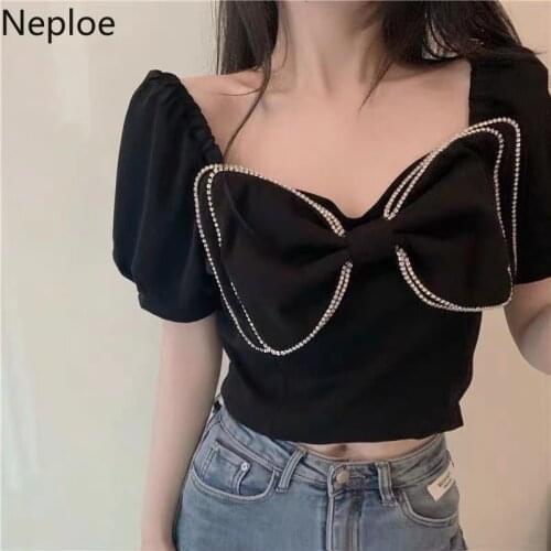 Neploe Sexy Shirts for Women Square Collar Puff Sleeve Cropped Tops 2021 Summer Diamond Bow Blusas Korean Fashion Blouses 4j710