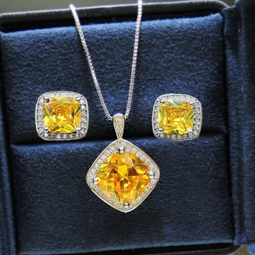 SINZRY elegant jewelry classic design yellow cubic zircon square princess pendant necklace stud earring womens jewerly sets