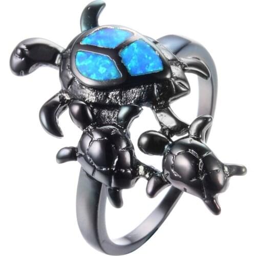 Unique Blue Fire Opal Turtle Animal Ring High Quality Black Gold Filled Promise Wedding Rings For Women Best Gift