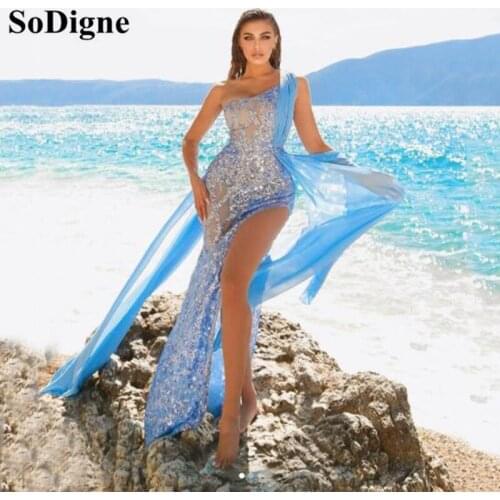 SoDigne Sexy Mermaid Evening Dresses One Shoulder Lace Dubai Side Split Long Sleeve Beading Sequined Formal Evening Party Dress