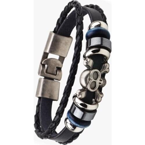 Vintage Skull Bracelet Men Casual Fashion Braided Leather Skulls Bracelets Women Wood Punk Rock Men Bead Jewelry