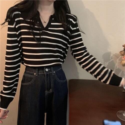 Autumn new style Korean loose POLO collar wild striped long-sleeved knitted pullover