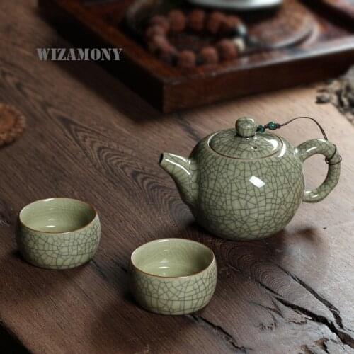 WIZAMONY New 3 Piece Set Top Grade Chinese Longquan Celadon Di Kiln Handcrafted Chinese Porcelain Kungfu Tea Set High Quality