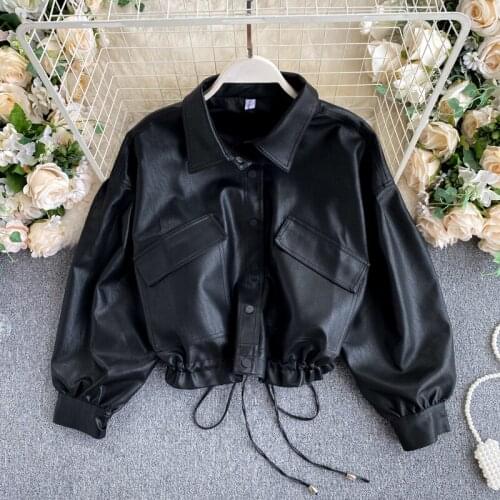 Womens autumn winter casual loose black pu leather jacket female high waist plus size motorcycle leather outwear TB1077