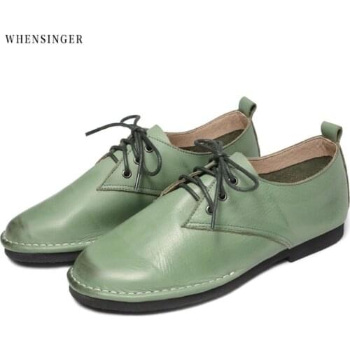 Whensinger - Retro Oxford Shoes for Women 2018 green Genuine Leather Shoes Woman Lace up Oxfords Flat Shoes Women