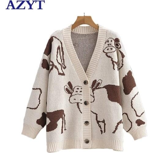 AZYT Autumn Winter New Sweater Cardigan Female Cute Cartoon Print Knit Cardigan Women 2021 Korean Loose Women Sweater Jacket