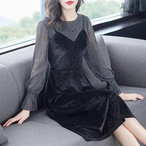 Spring Fall Fashion Women Female 5xl Black Patchwork Glitters Velour Dress , Autumn Womens Ruffles Long Sleeve Velvet Dresses