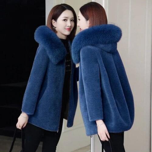 Winter Lamb Fur Coat Women Jacket 2021New Faux Fur Collar Hooded Mid Long Overcoat Plus Size 5XL Ladies Warm Granule Fleece Coat