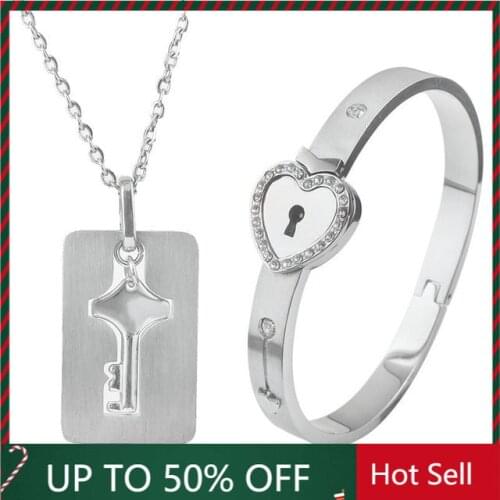 Matching Puzzle Couple Square Heart Lock Bangles Projection Bracelet and Key Pendant Necklace for Valentines Day Jewelry Gift