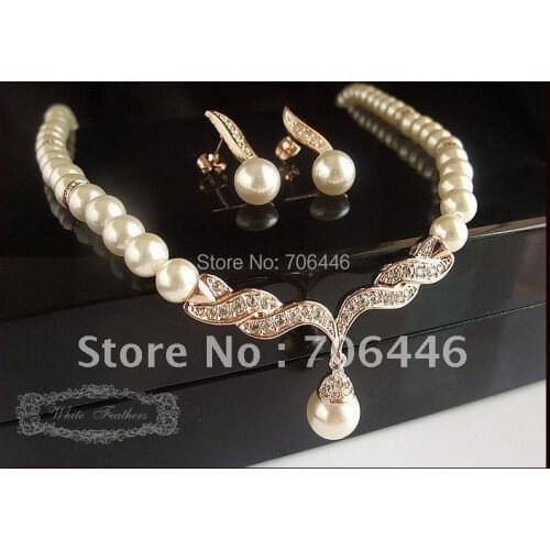 Fress Shipping ! Rose Gold Cream Pearl Rhinestone Bridal Necklace and Earring Wedding Jewelry Set