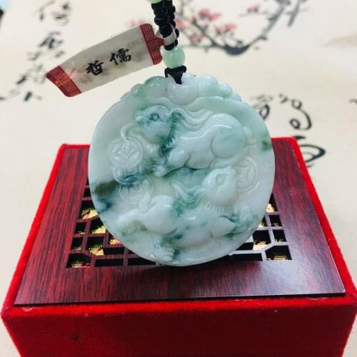 Zheru pure natural Jadeite carved two-color lucky double rabbit pendant with green bead chain sweater chain Send A certificate