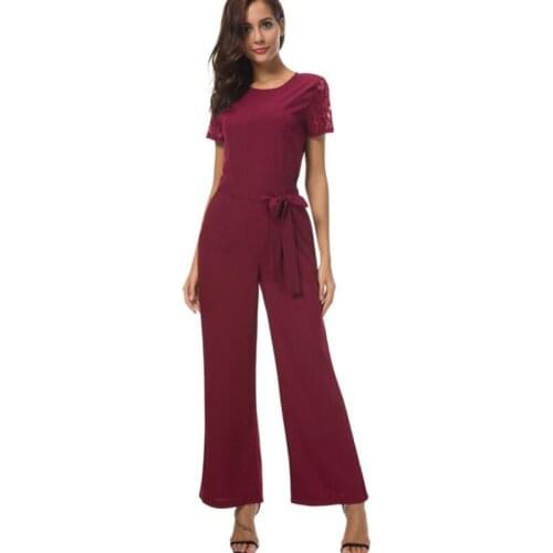 Elegant Surplice Wrap Belted Wide Leg Black Jumpsuit Women Sexy Deep V Neck Summer Jumpsuit Skinny Lace short sleeve Jumpsuit
