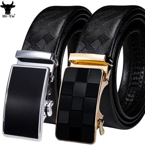 Hi-Tie Luxury Automatic Buckle Mens Belts Black Leather Ratchet Waistband Straps for Dress Jeans Business Daily Big Plus XXXL