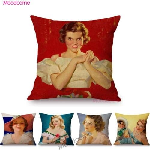 Comic Sexy Pretty Girl Lady Woman European 50s Vintage Poster Style Cafe Restaurant Decoration Pillow Case Linen Cushion Cover