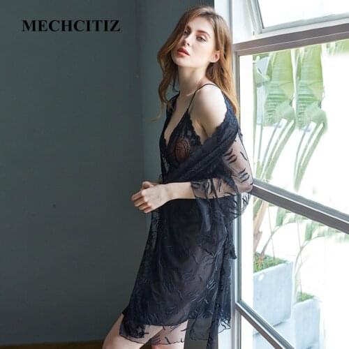 MECHCITIZ 3 Pieces Robe Gown Set Lace Lingerie Sexy Sleepwear Pajamas Perspective Night Dress With Panty Satin Kimono Bathrobe