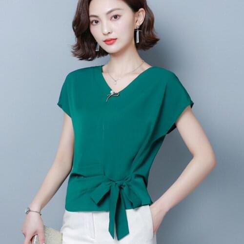 Korean Chiffon Blouses Womens Fashion V-neck Shirts Blouse Plus Size Summer Casual Short Sleeve Green Sexy Tops Blusas De Mujer