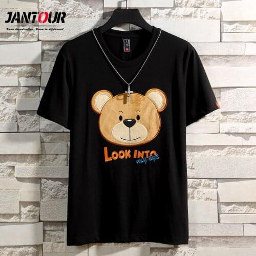 Jantou Summer Hip Hop Bear Embroidery Couple Dress Short T Shirt Streetwear Tshirt Short Sleeve T-Shirt Cotton Cartoon Black