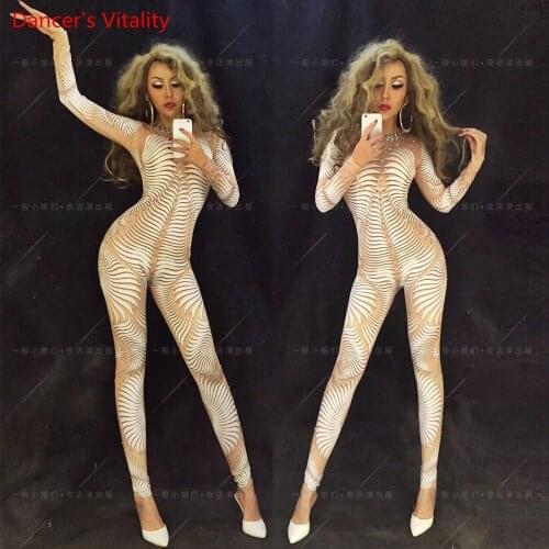 Christmas New Year False Perspective White Totem Strips DJ Women Singer DS Pole Dance Body Suit Bar Performance Costume Garments