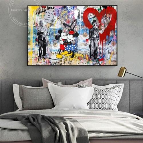 Colorful Disney Mickey Mouse and Money Graffiti Art Canvas Poster and Prints Street Wall Art Pictures for Living Room Decor