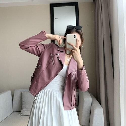 Autumn Women Slim Oblique Zipper Short Faux Leather Jacket Waist Double Row-belt buckle Pink Black Beige Moto Biker Jacket