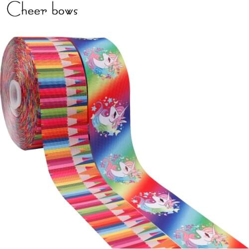 2Y/lot 3''75mm Unicorn Colored Pencils Grosgrain Ribbon Home Textile Printed Ribbon DIY Hairbows Accessories Sofa Bed Decorative